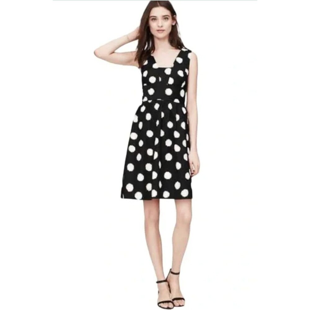 LOFT Mini Dress Black Beige Polka Dot Watercolor Sleeveless Classic Preppy 16